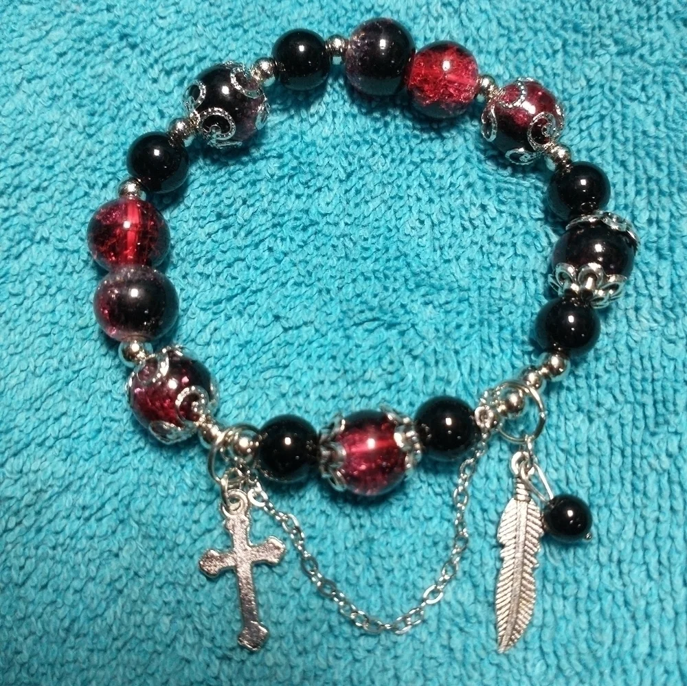 Silvertone black red stretch beaded gothic bracelet